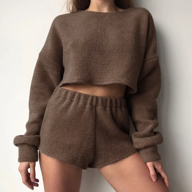 Women's Autumn Winter Sexy Pajama Set Long Sleeve Ladies Sleepwear 2 Pcs with Shorts O Neck Knitted Home Clothes for Female