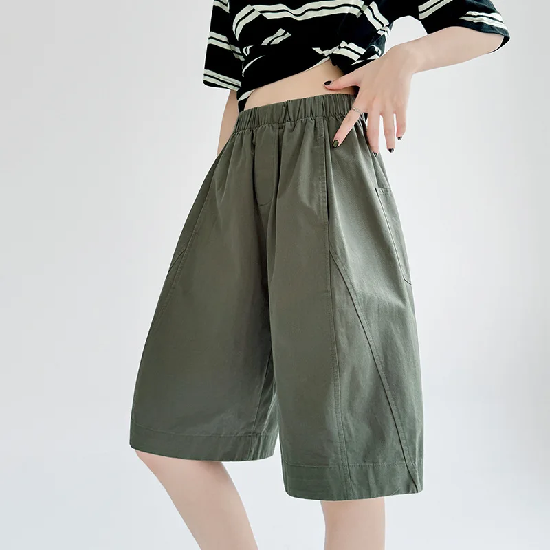 

Женские шорты из стираного хлопка с полным подолом, новые летние широкие брюки с высокой талией для миниатюрных женщин, шорты-карго