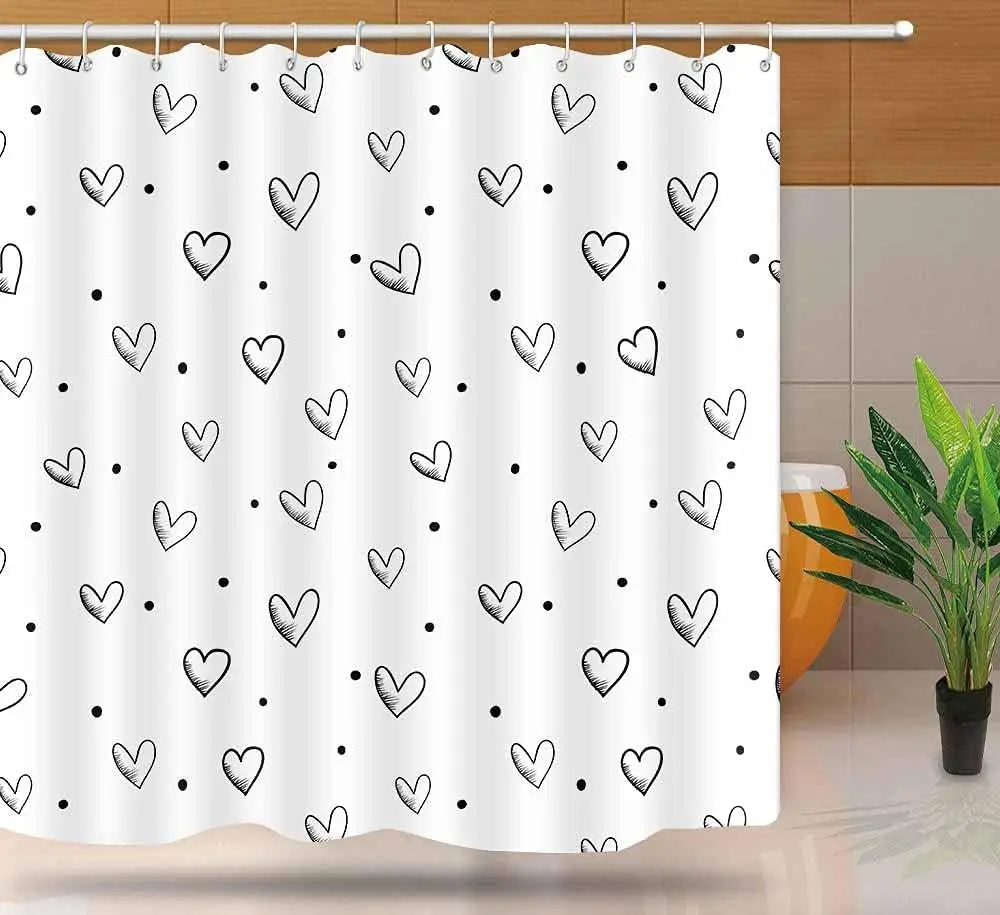Hand Drawn Hearts and Polka Dots Shower Curtain Black and White Sketch Style Cute Pattern for Bathroom Decor