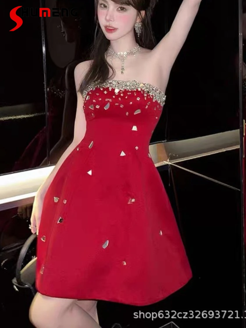 

Red Heavy Industry Beads Tube Top Dress Female High-End Affordable Luxury Gorgeous Fashion New Socialite Banquet Formal Dresses