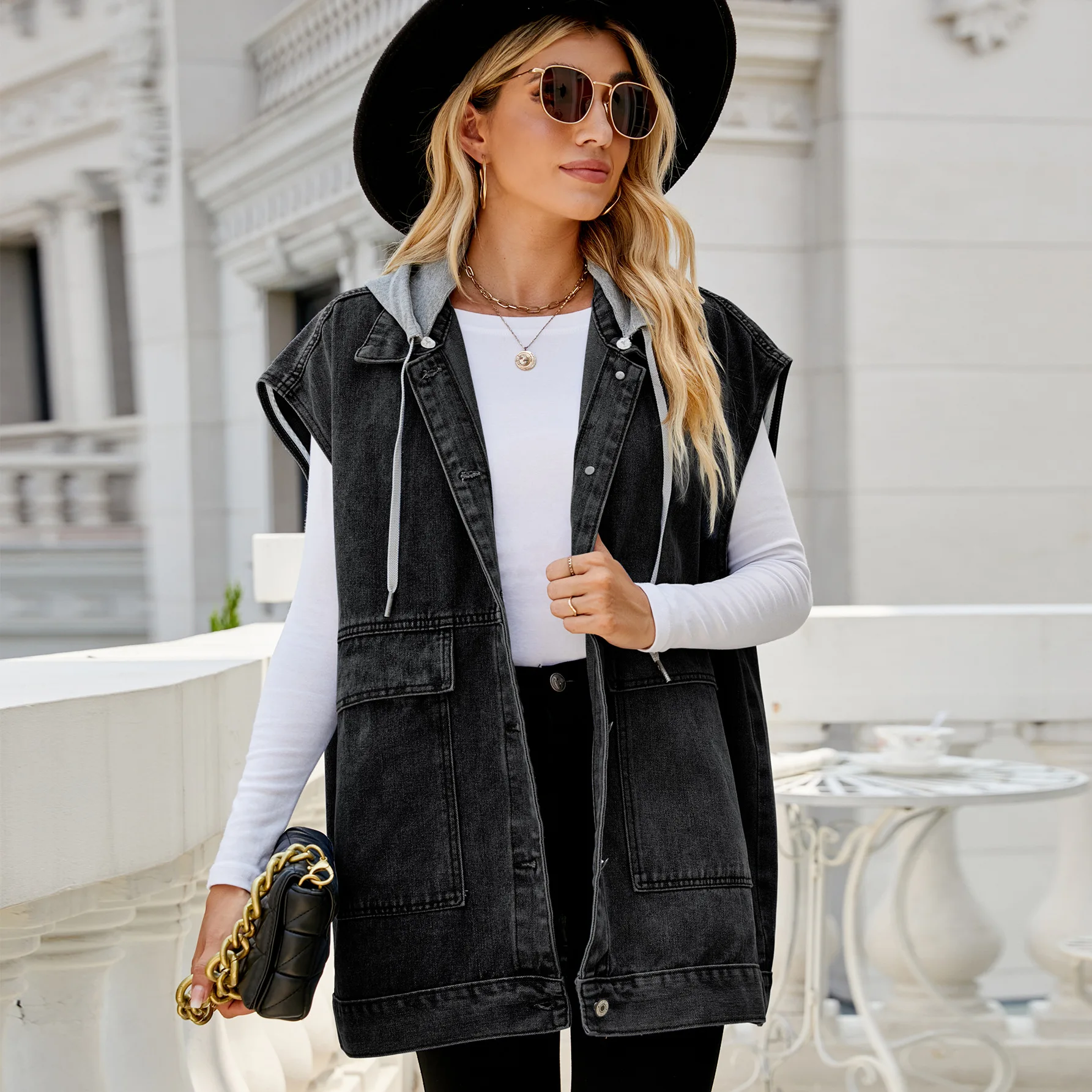 Women Denim Vest Sleeveless Patchwork Hooded Detachable Waistcoat Pockets Single Breasted Washed Distressed Jacket Casual Coat