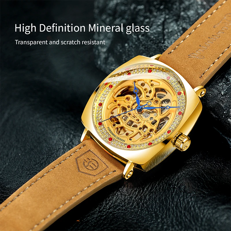 FORSINING Design Square Cattle Transparent Skeleton Wristwatches  Leather Belt Diamonds Surround Automatic Mechanical Men Watch