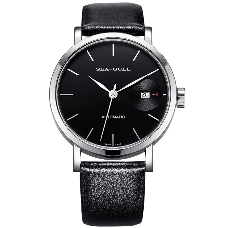 

Seagull Simple Minimalist Style 10mm Thin Black Dial Date Sapphire Crystal ST2130 Movement Automatic Dress Watch 819.22.5024