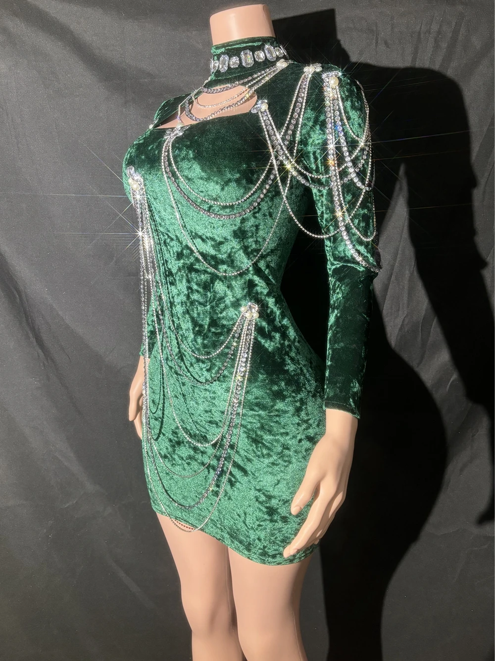 Sparkly Rhinestones Green Short Dress Sexy Evening Prom Celebrate Birthday Dress Show Stage Wear Photo Shoot Costume