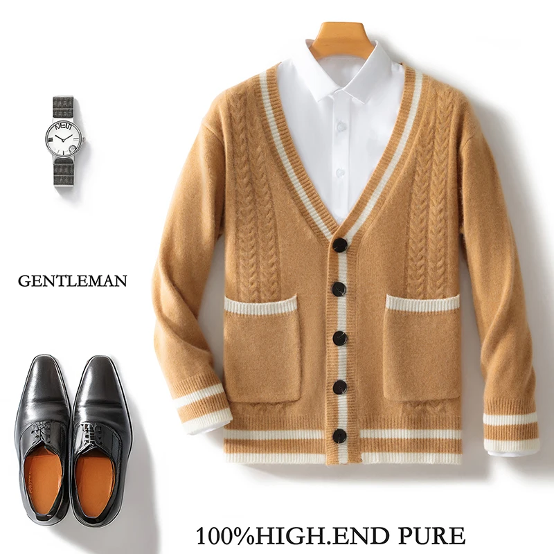 Cardigan in maglia con doppia tasca color block in lana merino al 100% Cashmere morbido maniche lunghe Abbigliamento da uomo confortevole e di base