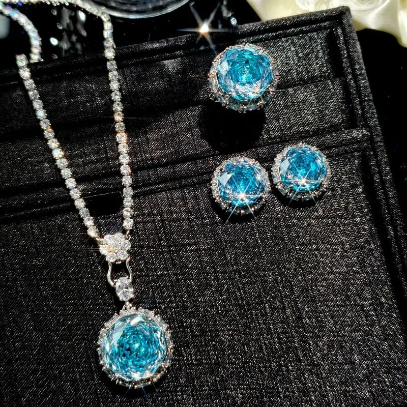 14-16-18mm large carat rose-cut sea-blue zircon crystal necklace, earrings and ring set - perfect for ladies' dates, formal even