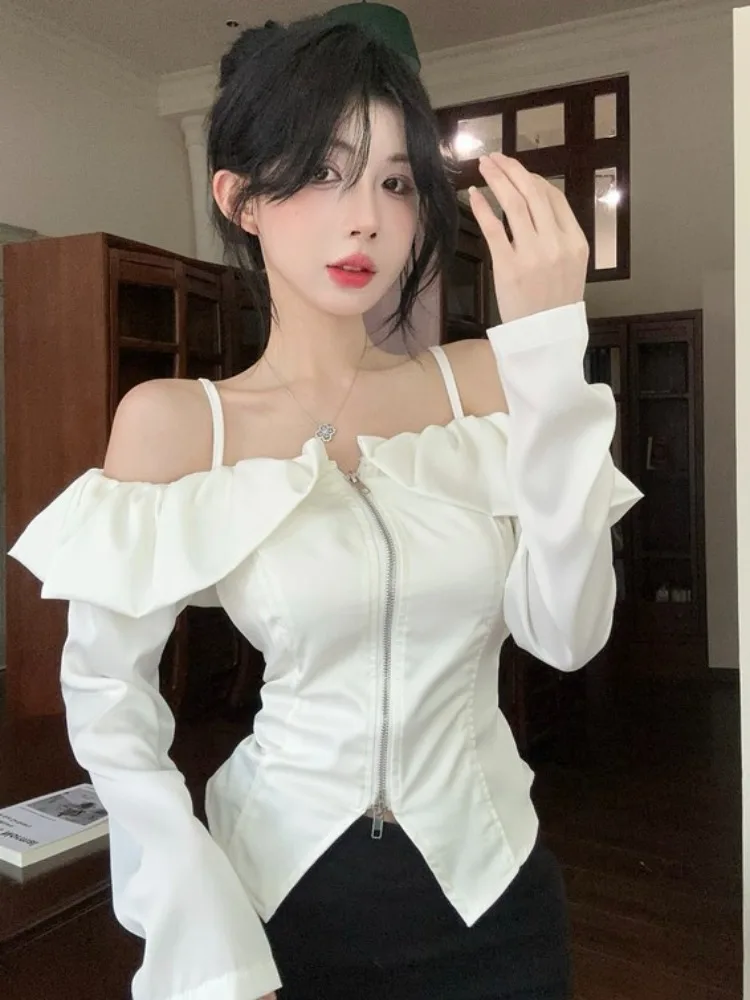 

Elegant Double Zipper Lace Trim Shoulder Bridesmaid Shirt Women's Slimming Design Spring Commute Long Sleeve Knitted Top