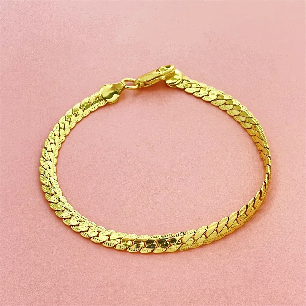 

Luxury 24K 9999 Pure Gold real gold Men's and Women's Flat Snake Bone Bracelet 5mm Bracelet