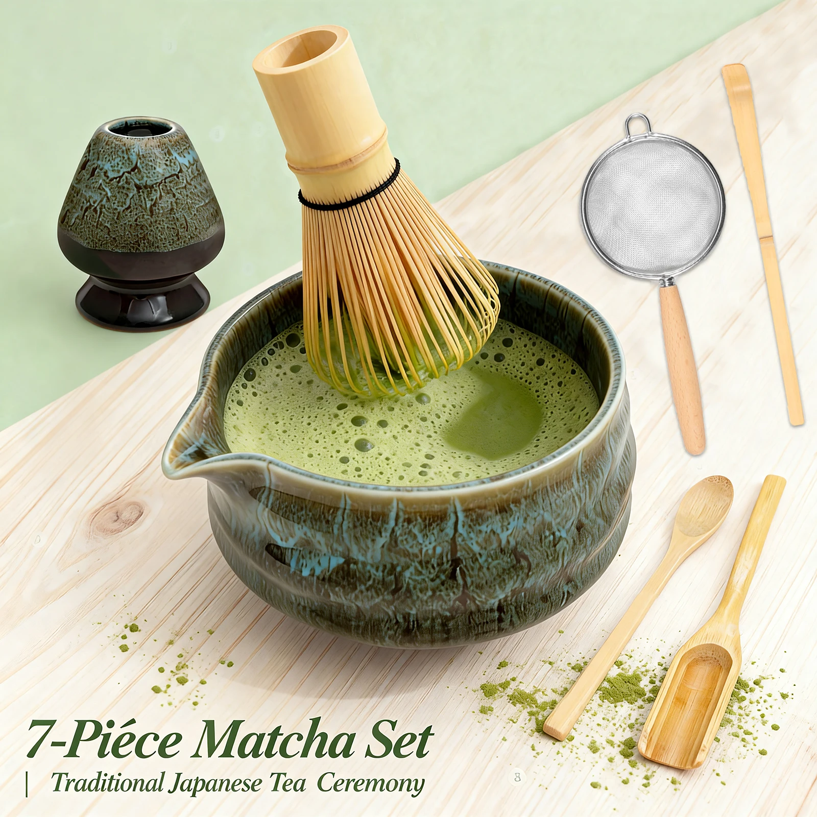 

Japanese Style Matcha Tea Tool Set Beginners Starter Matcha Making Kit Include with Scoop Whisk&Holder Bowl Teaspoon and Sifter