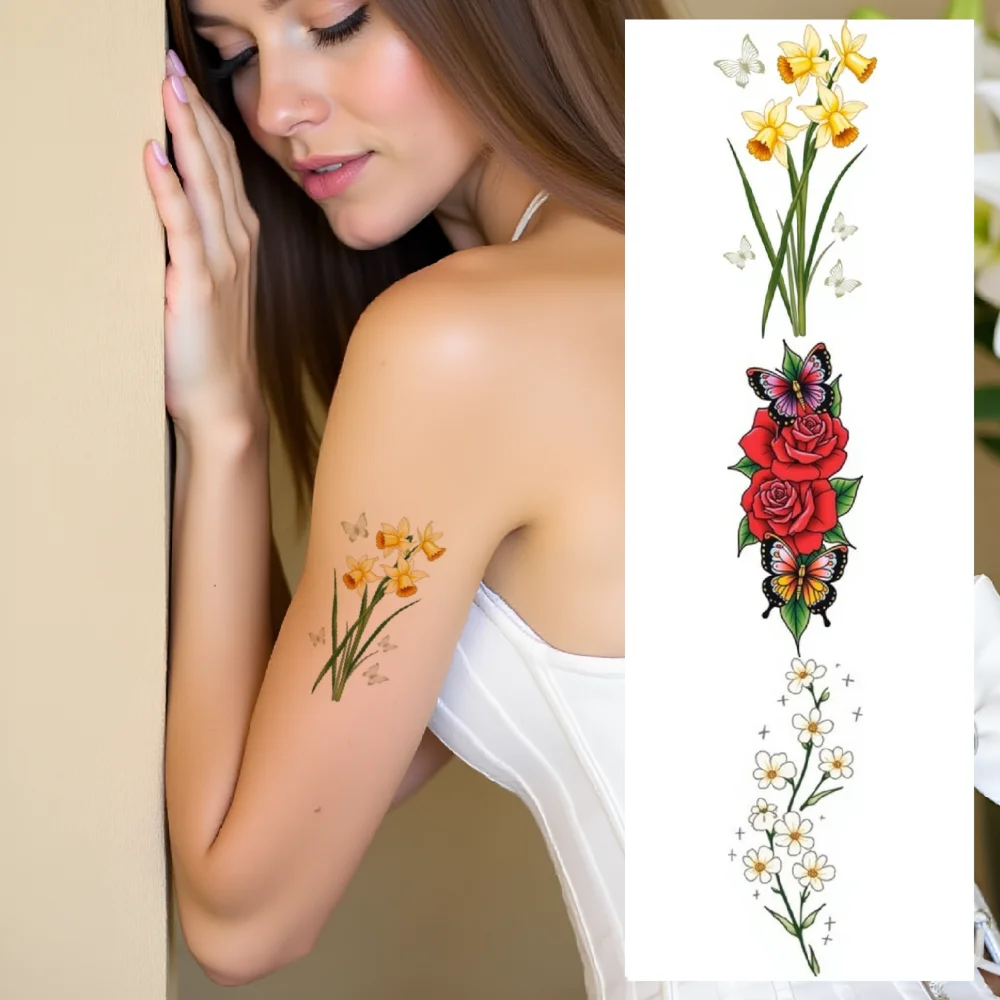 28pcs Temporary Tattoo New School Traditional Daffodils Butterflies Daisies For Women Adults Chest