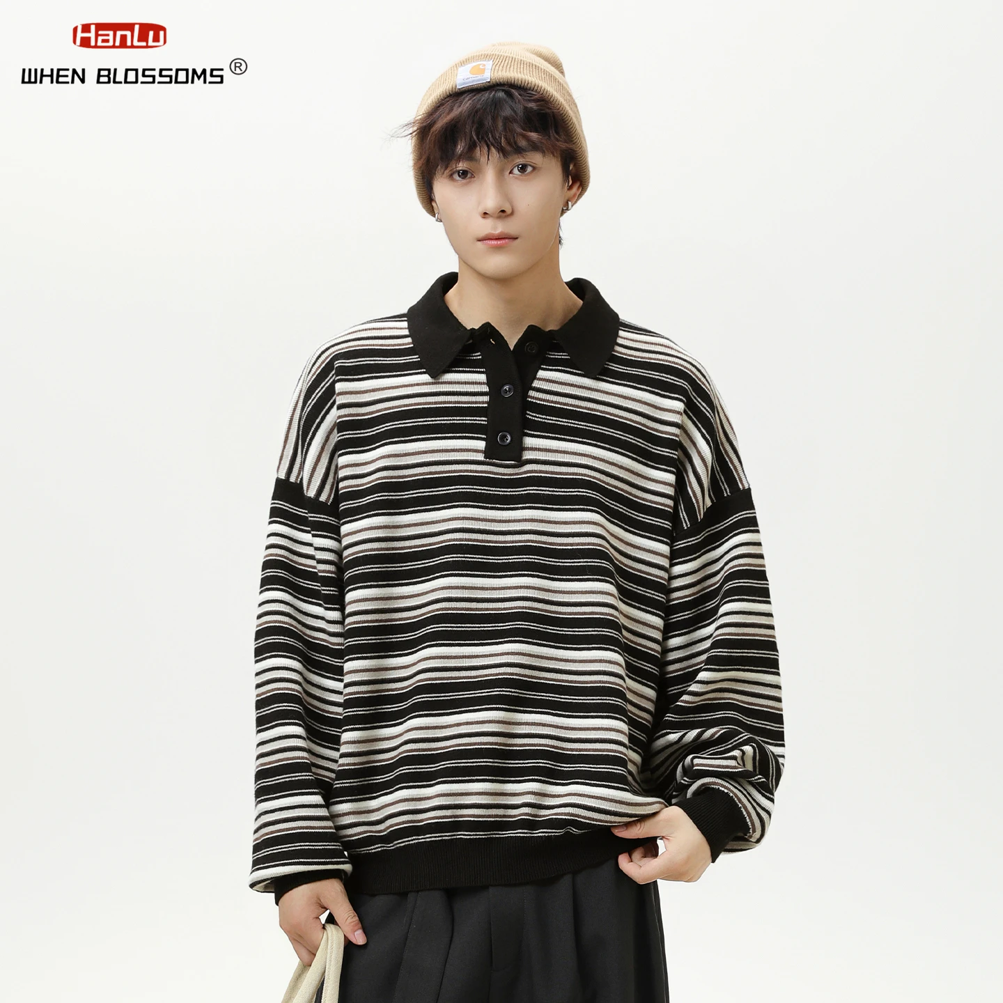 Hanlu 2025 Unisex Japanese Vintage Stripe Polo Sweater Fake Two Piece Couple Oversized Long Sleeve Knitwear