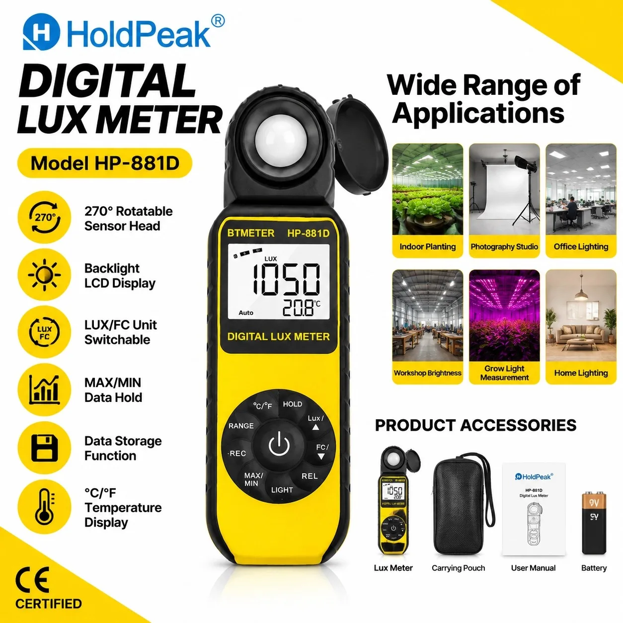 HoldPeak 881D Digital Lux Meter 1-400,000Lux 0.1Lux/Fc Accuracy ±4% Separate Probe Data Record MAX/MIN Temp Backlight