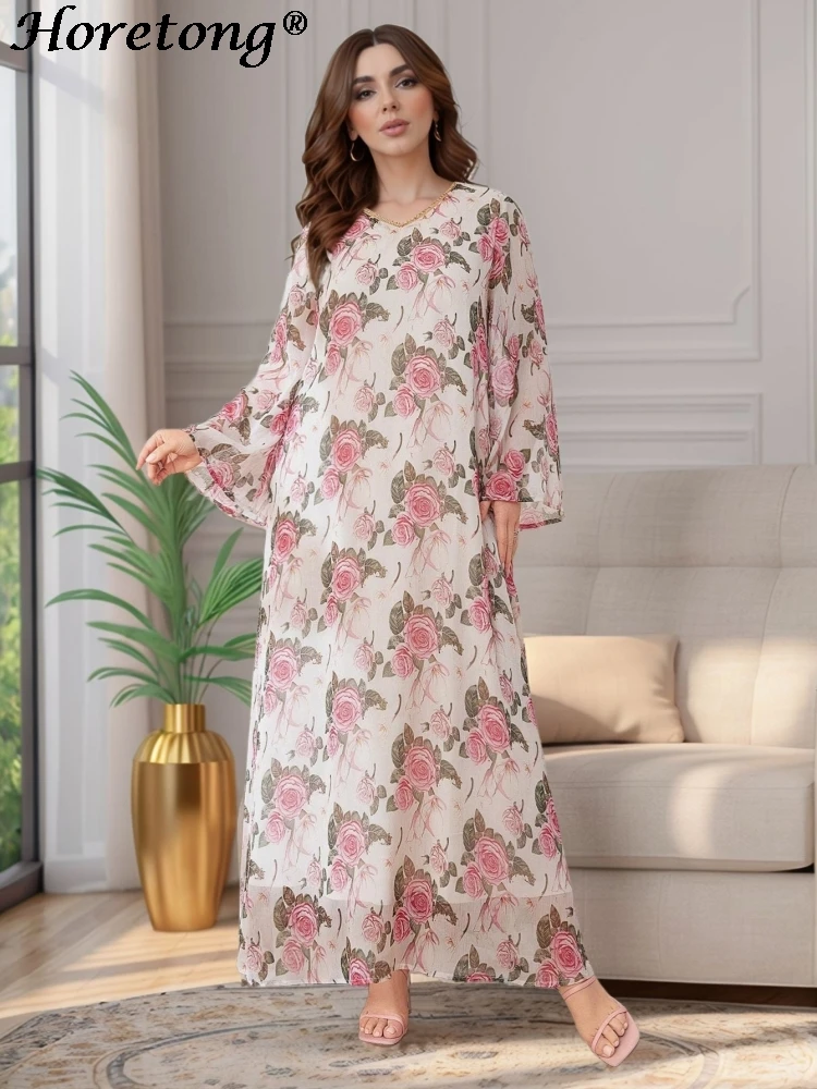 

Horetong Summer Muslim Abaya Women Yoryu Chiffon Beaded V Neck Flare Sleeve Rose Print Loose Elegant Modest Islamic Maxi Dress