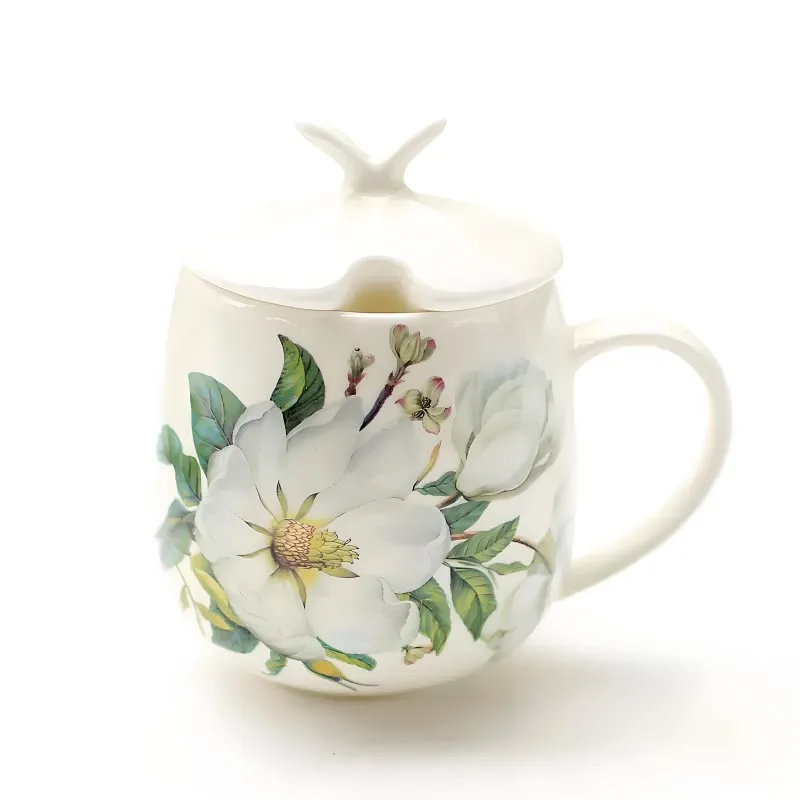 410ML, camellia painting, bone china personalized mugs, european cups mugs ceramic, pocelain coffee cup with lip and spoon, tea