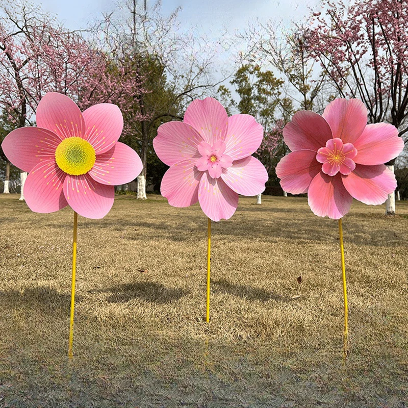1 Piece Stake Standing Lawn Flower Pinwheel Cherry Flower Windmill Rotating Peach Blossom Wind Spinner Garden Decoration
