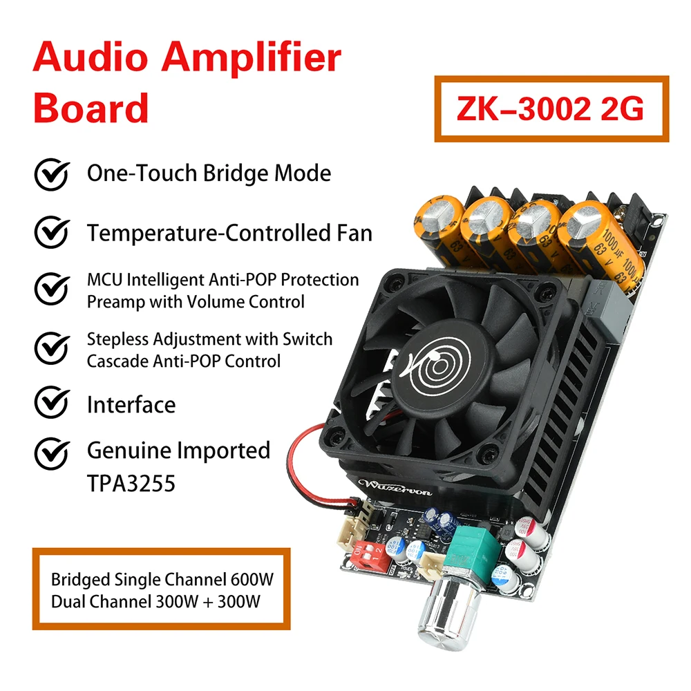 

ZK-3002 2G Second-Generation Upgraded DC18-50V Pure Post Amplifier Board 300W+300W Dual Channel 600W Mono Amplifier Chip TPA3255