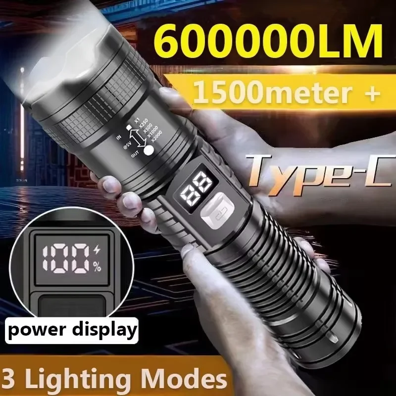 High Power 2000LM LED Flashlight Built-in Battery USB Rechargeable Strong Light Tactical Torch Outdoor Camping Hiking Lantern