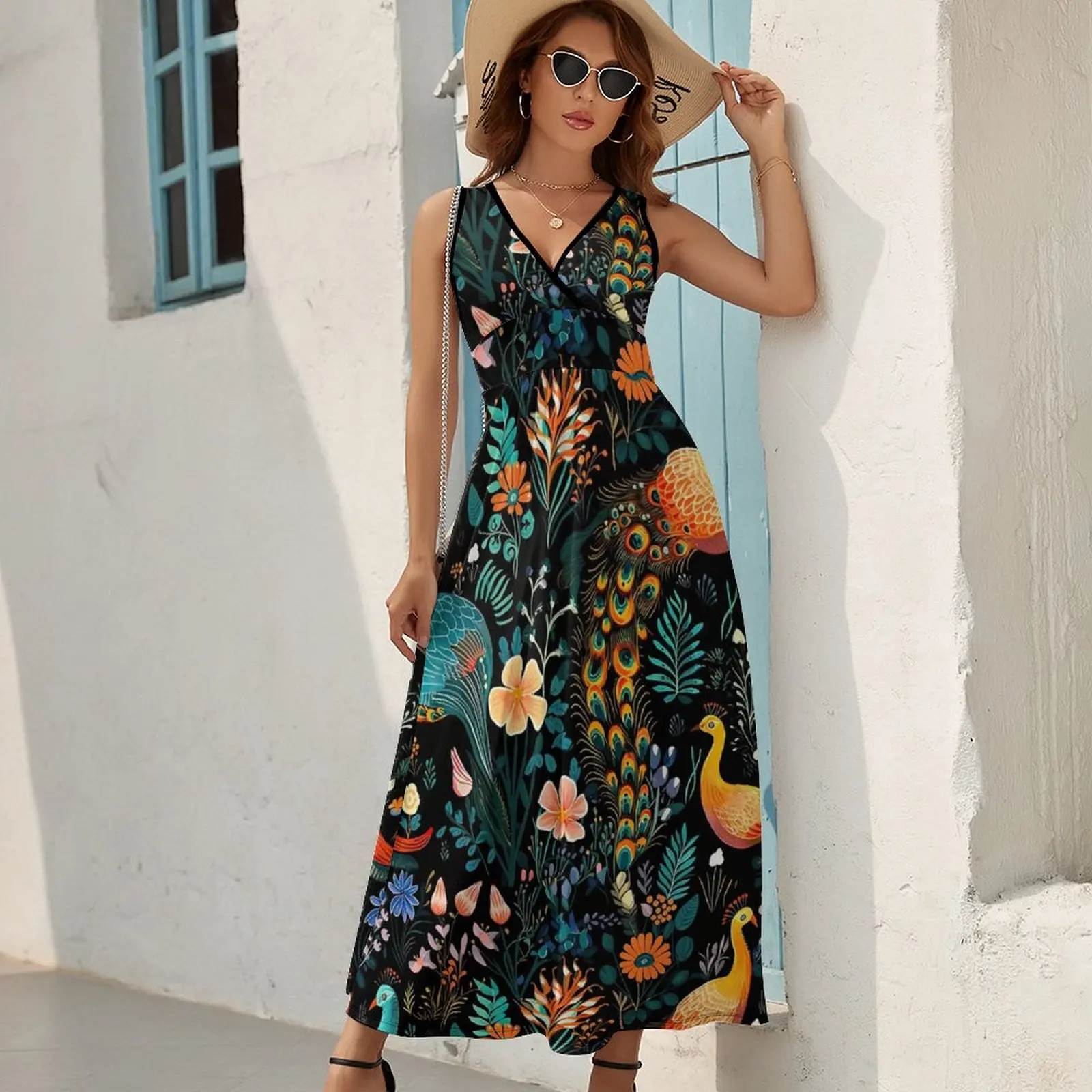 Boho Peacock Dress Flower Print Sexy Maxi Dress Street Wear Bohemia Long Dresses High Waist Custom Oversize Vestidos