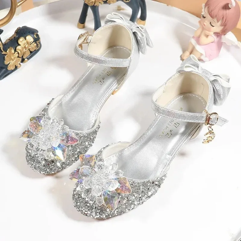 

Girls Summer High Heels Model Walk Show Bow Leather Shoes Dress Silver Show Crystal Shoes Children Crystal Flower Princess Shoes