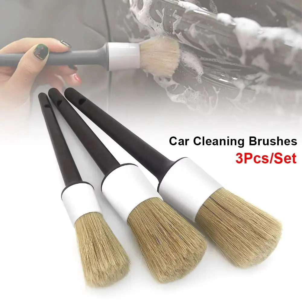 

3Pcs/Set Boar Hair Car Cleaning Brush Exterior Interior Detail Universal Car Wash Brush Plastic Handle Soft Bristle Brushes