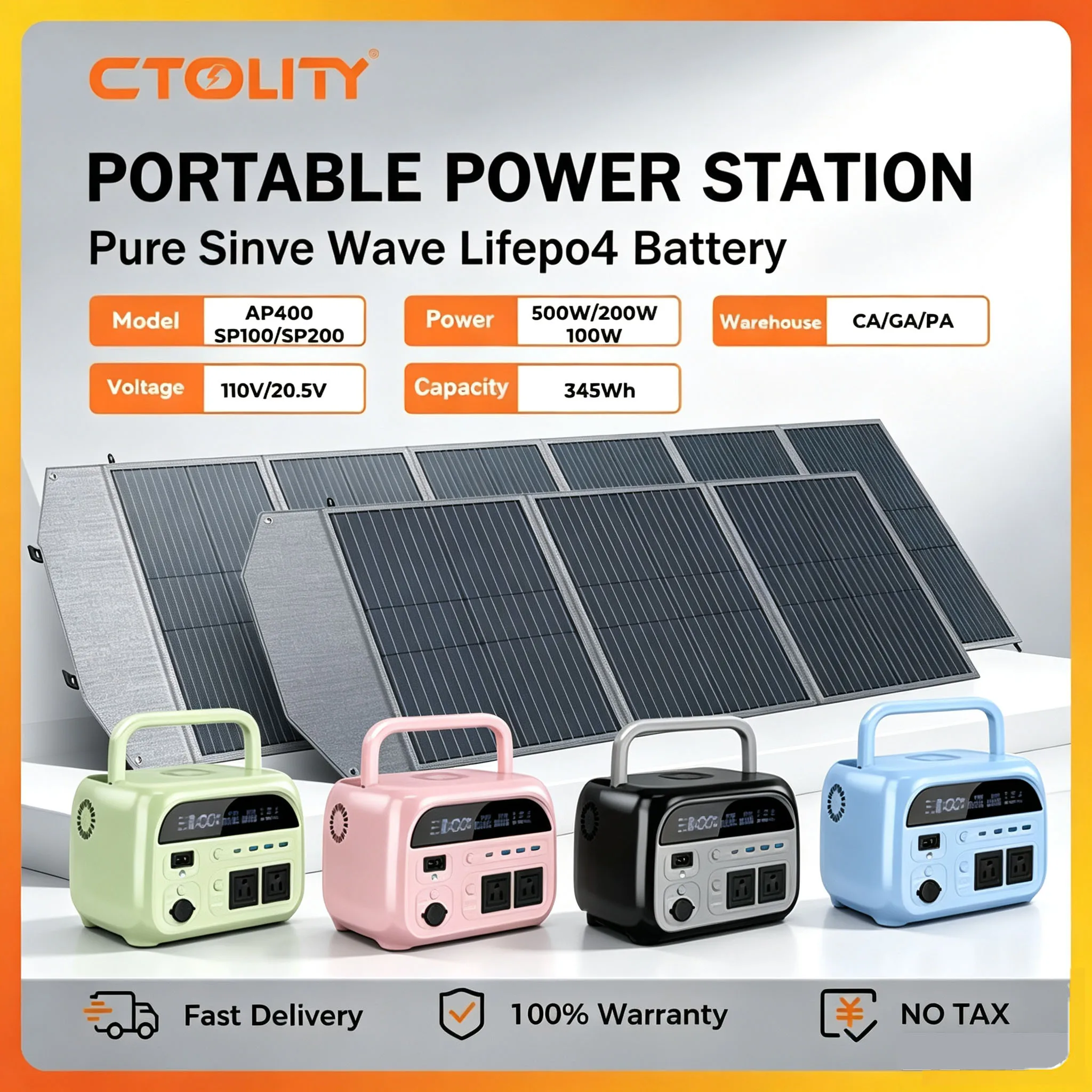 CTOLITY 500W Portable Power Station with 110W 220W Solar Panel 20.5V USB Type-C Charging Lifepo4 Battery 345.6Wh Power Bank