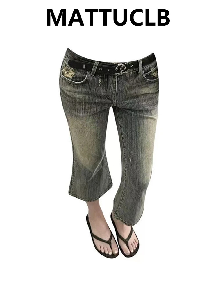 

Summer Women American Retro Low Rise Jorts Flared Jean Shorts Tide Y2K Harajuku 2000s Gyaru Denim Calf-Length Pants High Street