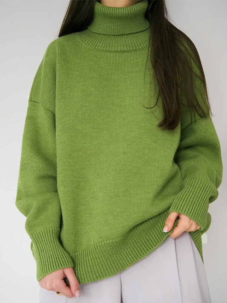 Women Turtleneck Solid Color High Neck Sweater 2023 Autumn Winter Loose Fit Pullover Sweater Knitted Jumper Female Pull