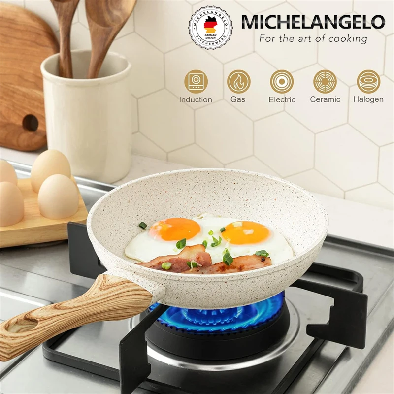 

MICHELANGELO12 Inch Non-stick Frying Pan with Lid Granite Skillet with Anti-Scald Handle Non-Toxic Coating Induction Compatible
