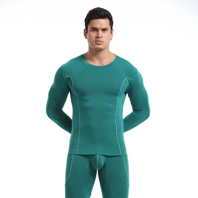 Men's thin autumn coat and trousers round neck mid-neck bottoming thermal Warm long underwear set