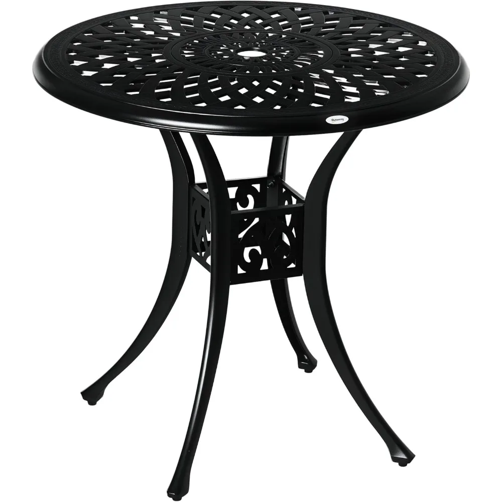 

30" Round Patio Dining Table with Umbrella Hole, Antique Cast Aluminum Outdoor Bistro Table Only, Black