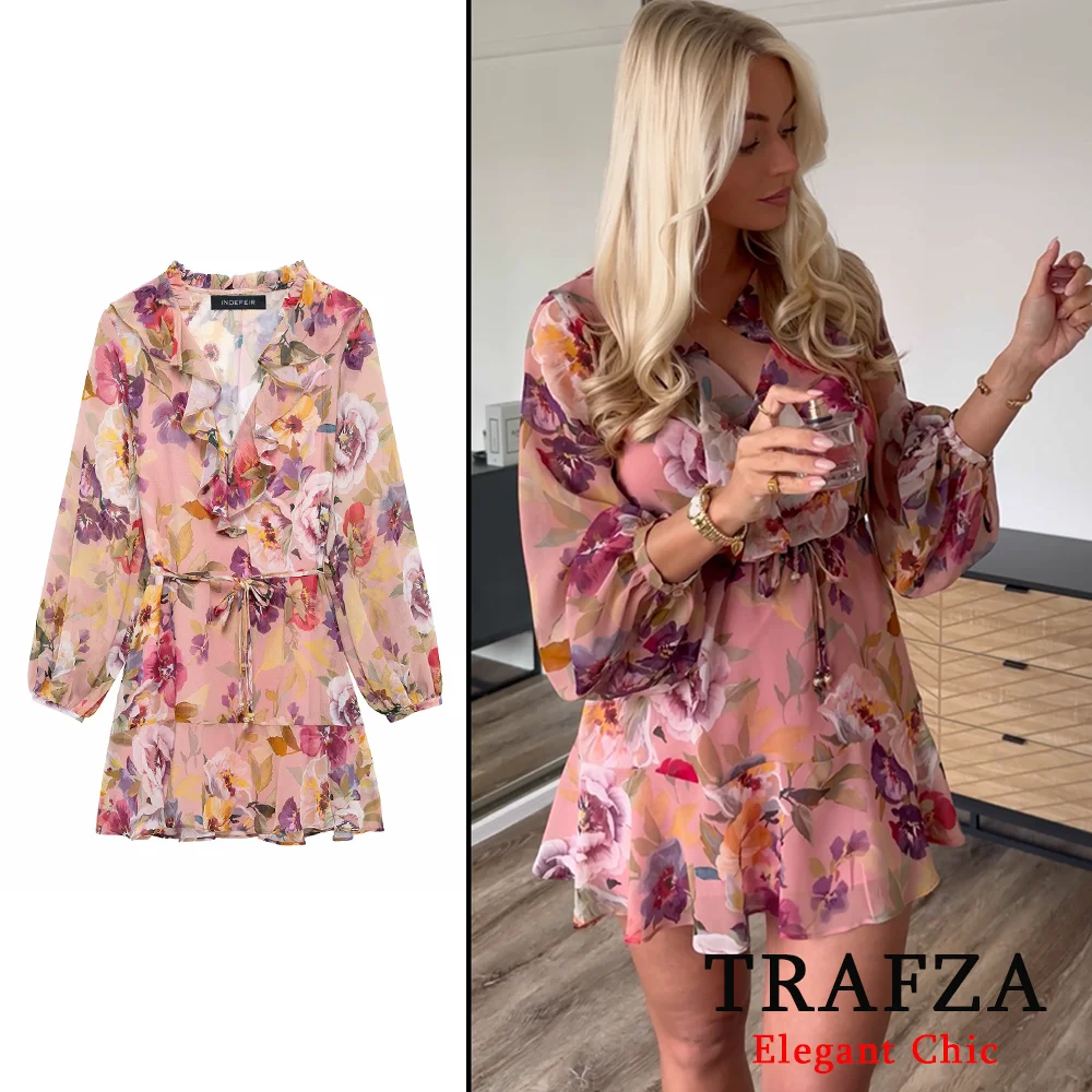 TRAFZA Women Romantic Mini Dress Glamorous Floral Print Layered Dress New 2025 Fashion Spring Sutumn Garden Parties Date Dress