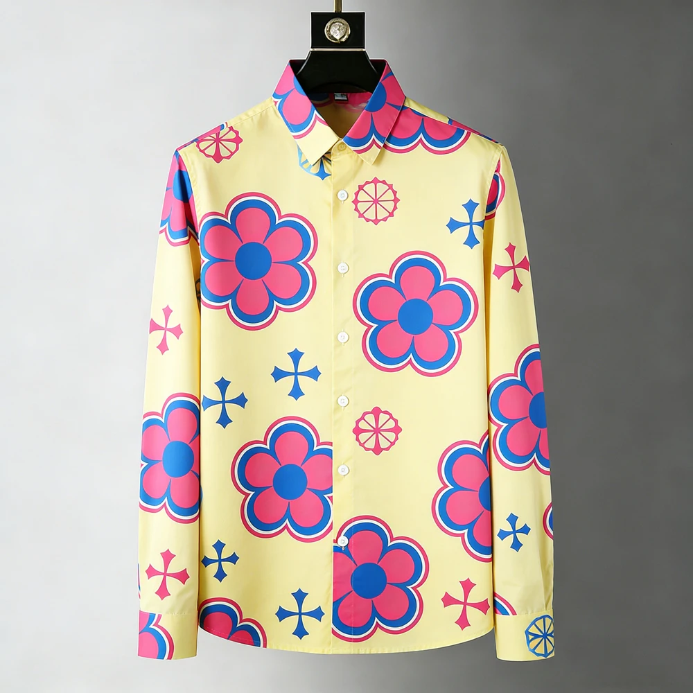 Men's Luxury Long-Sleeve Shirt Geometric High-Definition Print Hawaiian Casual White Shirt Business Men's Clothing Fast Shipping