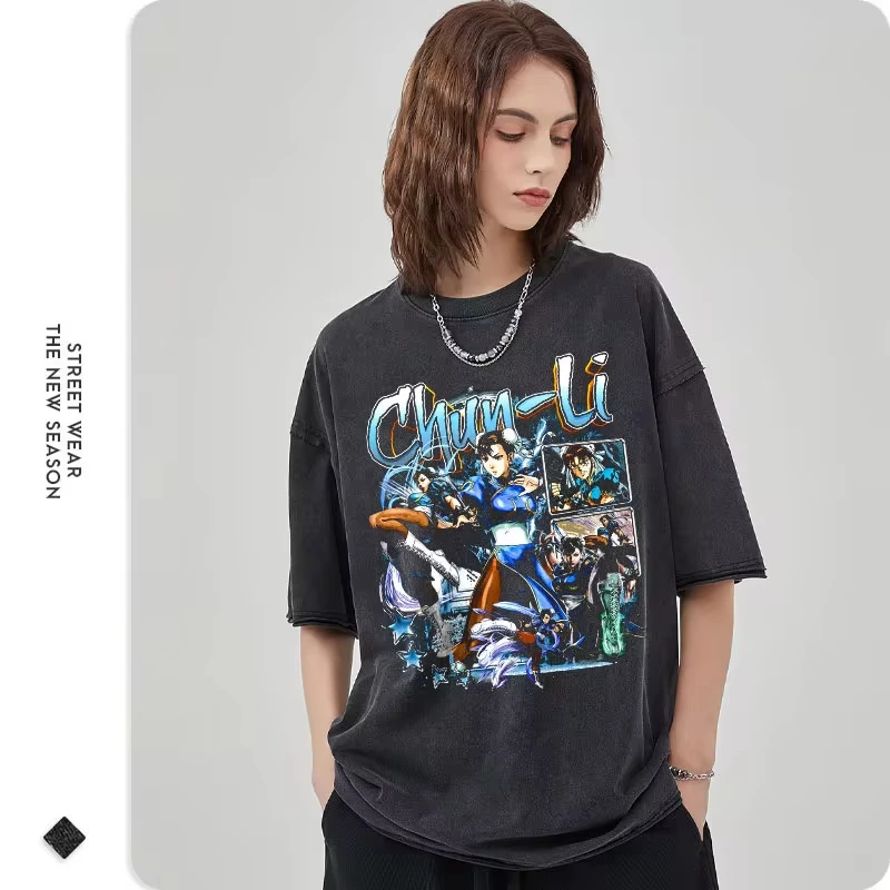 Chun Li Street Fighter T Shirt Pc Game RYU Akuma Vintage Washed Top Tees DTG Printing Short Sleeve Oversized T-shirt 100% Cotton