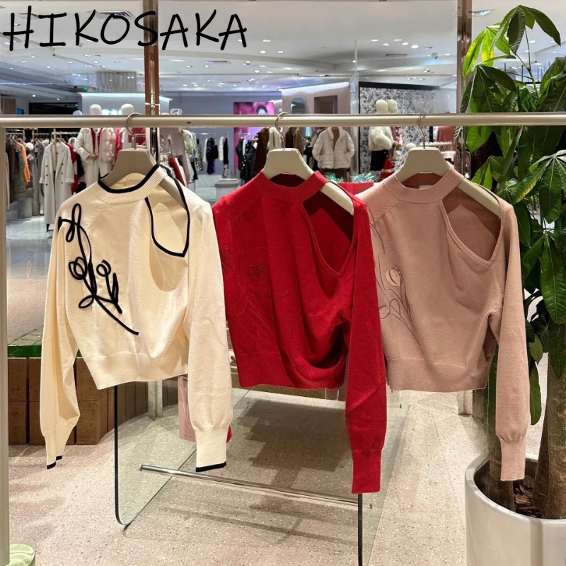 

Asymmetric Off Shoulder Long Sleeve Sweaters Embroidery O-neck Knit Pullovers Temperament Loose Casual Japanese Jumpers Autumn