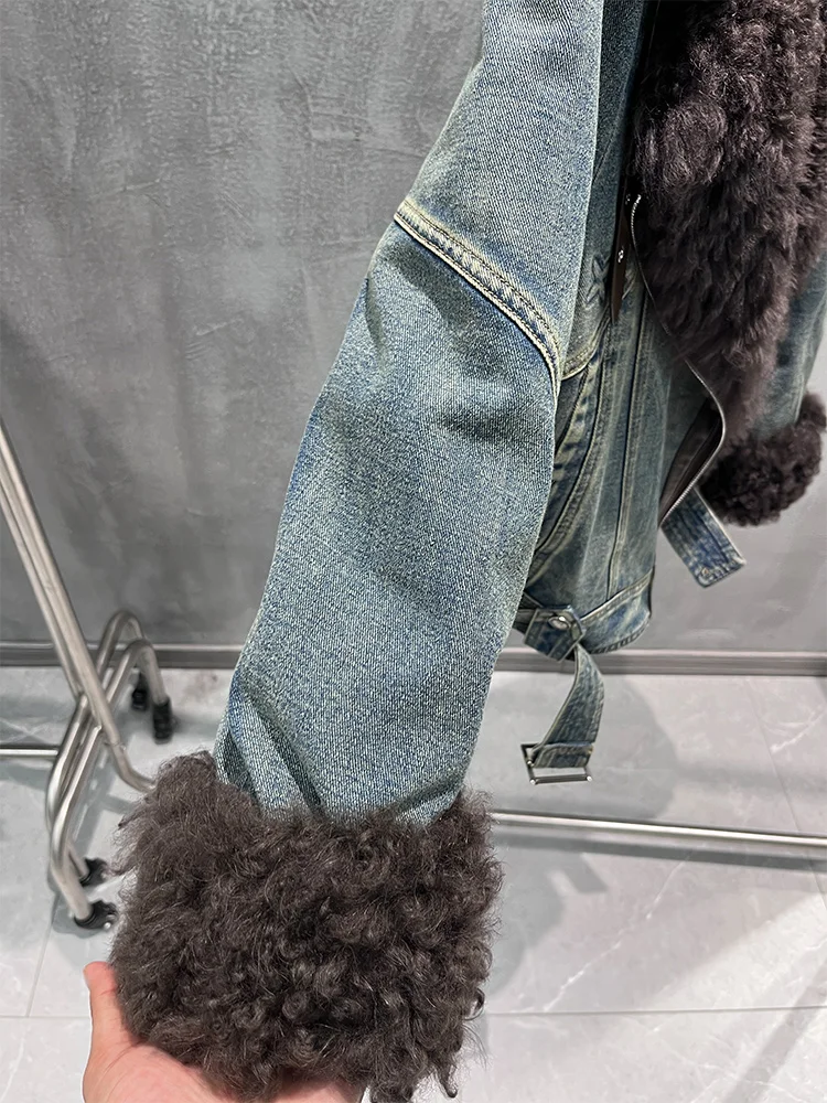 2025 Herfst Winter vrouwen Denim Ganzendons Jassen Met Natrual Echte Schapen Lam Bontkraag Vrouwen Uitloper Luxe Vrouwelijke jas
