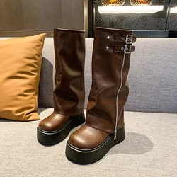 Winter Women Biker Boots Fashion Belt Buckle Ladies Platform Wedge Heel Long Pipe Booties Casual Women's Knee High Booties