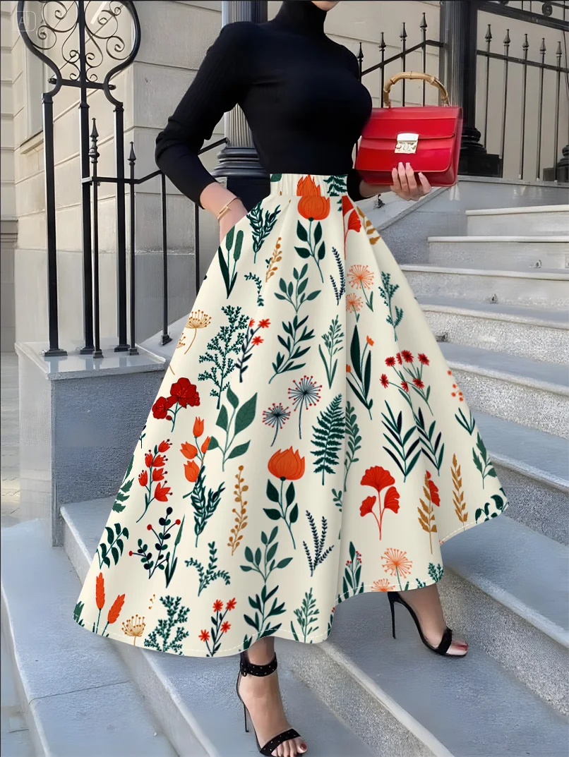 

Юбка с цветочным узором в стиле Four Seasons Leisure Style, с принтом, красно-зелеными элементами, полуюбка