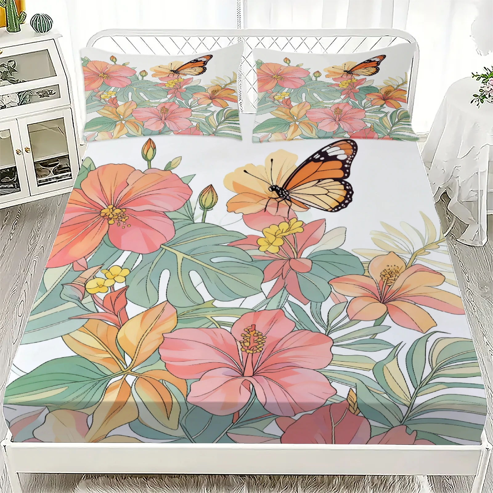 3pcs Flat Sheet Sets 3D Printed Watercolor Floral Butterfly Fitted Sheet With 2 Pillowcases Dormitory Bedroom For Students Girls