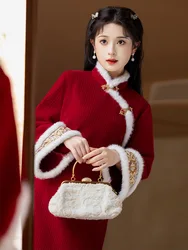 Winter Thickened Chinese Style Red New Year's Clothing Improved Cheongsam Young Women's Retro Long Sleeved Qipao Dress