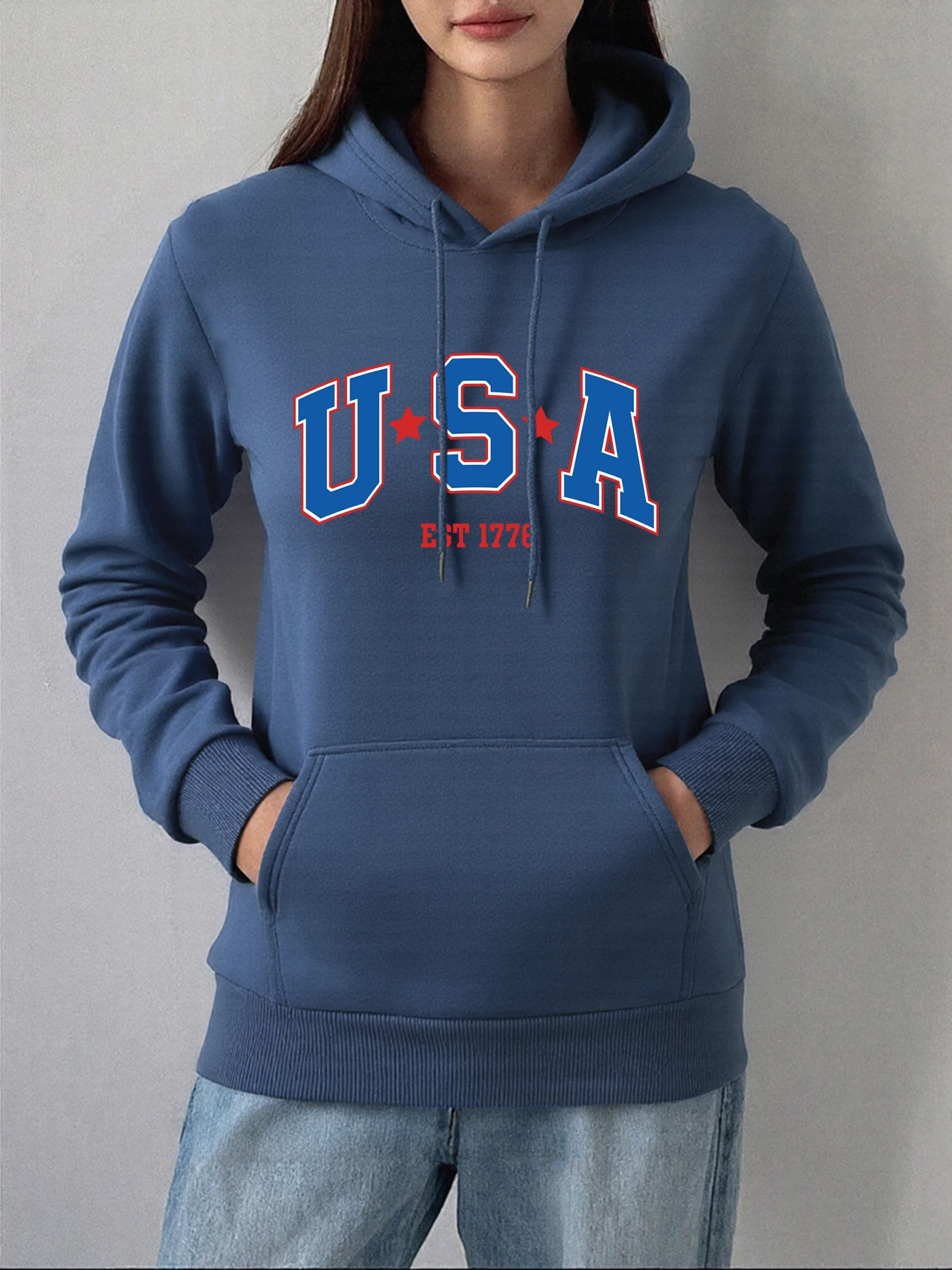 Usa Star Big Letter Printed Autumn Women Hoodie Casual Multicolor Hoody Pocket Hoodies Fleece Clothing Fashion Street Pullover