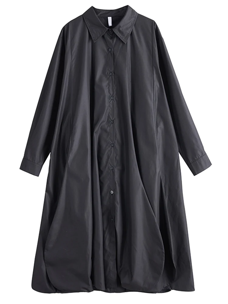 Übergroße schwarze Vintage-Hemdkleider für Frauen, neues Revers, lange Ärmel, lockeres lässiges Midi-Kleid, elegante Kleidung, Frühling und Herbst 2025,