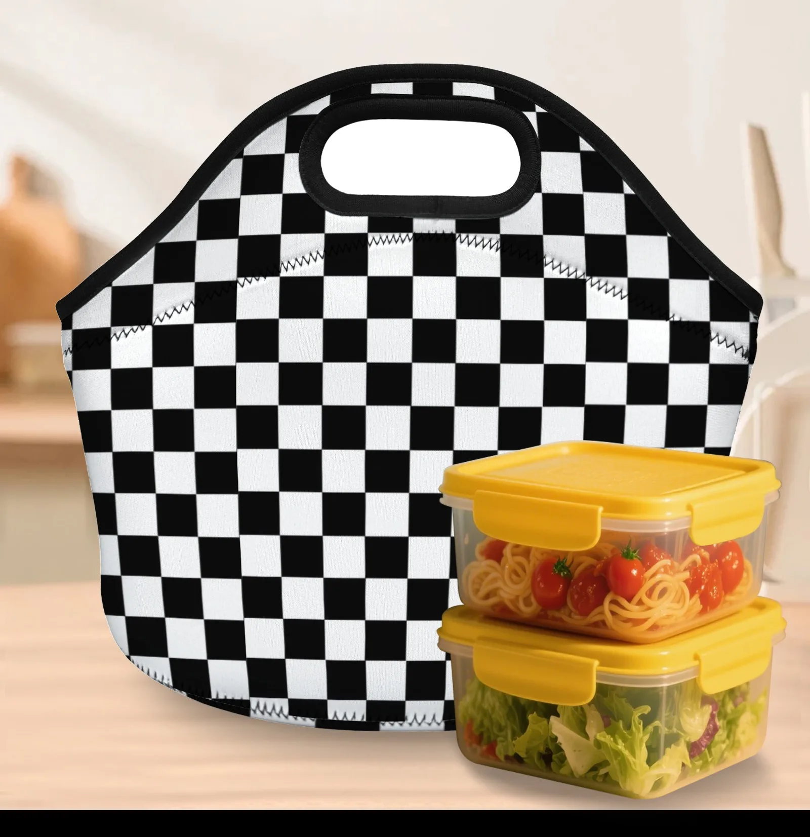 

Классический стильный изолированный неопреновый мешок для обеда с шахматным принтом, многоразовый портативный уличный мешок для хранения еды для кемпинга/ежедневного использования