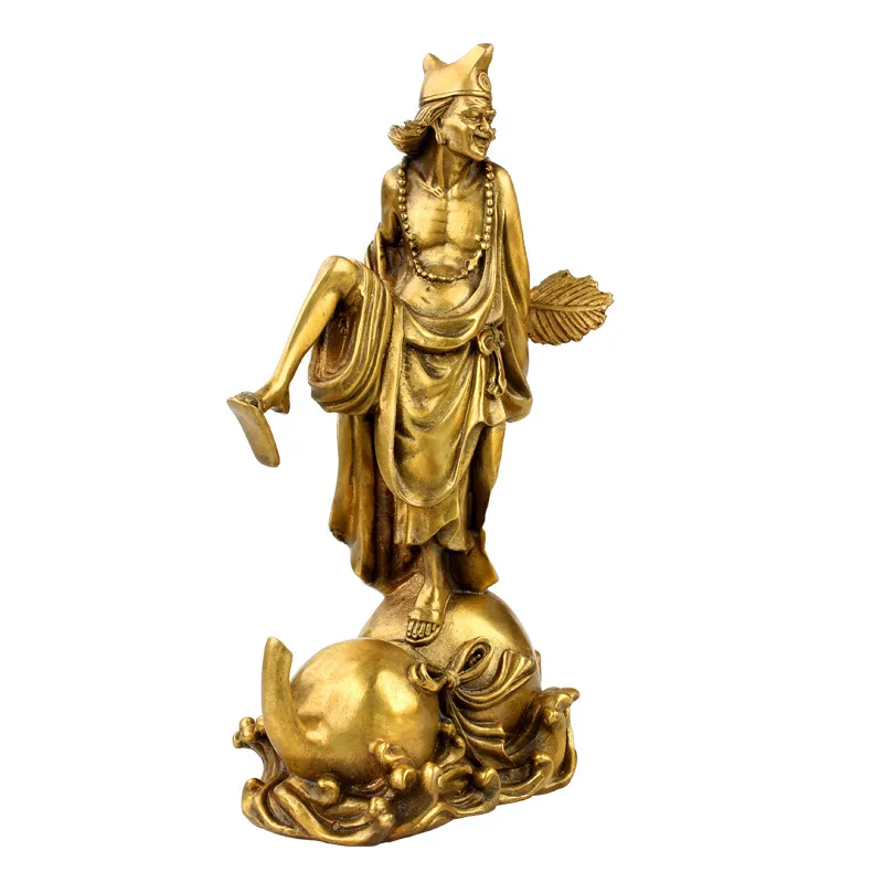 Brass Jigong Figurine Dragon-Slashing Arhat Statue, Home Craft Auspicious and Peaceful Laughing Buddha Gourd Ornament