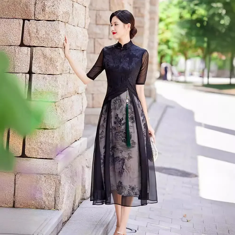 

Винтажное женское платье Cheongsams Mesh Ink Qipao размера плюс 5XL, повседневное платье в китайском стиле, улучшенное Ao Dai Qipao, элегантное платье трапециевидной формы
