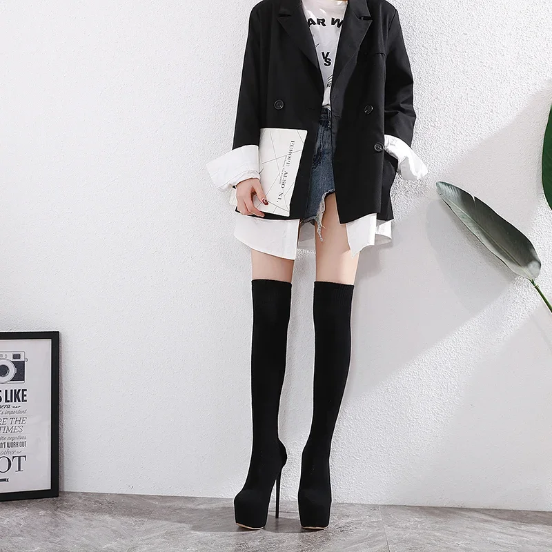 Sexy Thigh High Long Socks Boots for Women 16cm Thin Heel Shoes Black Platform Over-the-knee Slim Elastic Botas