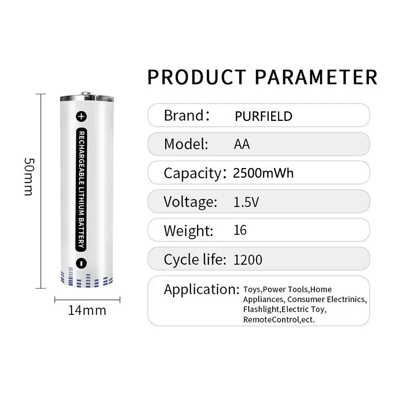 PURFIELD 1,5 V AA 2500mWh USB No 5 batería recargable de iones de litio para Control remoto ratón pequeño ventilador baterías de juguete eléctrico + Cable