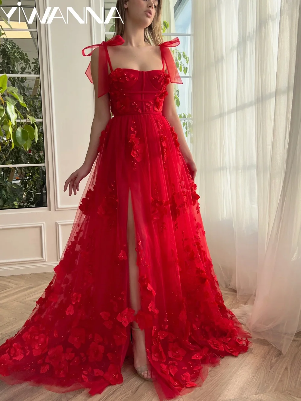 

Red Pearls 3D Floral Evening Dress Captivating Thin Straps Long Wedding Party Gown Customized Sweet A-line Gowns For Women