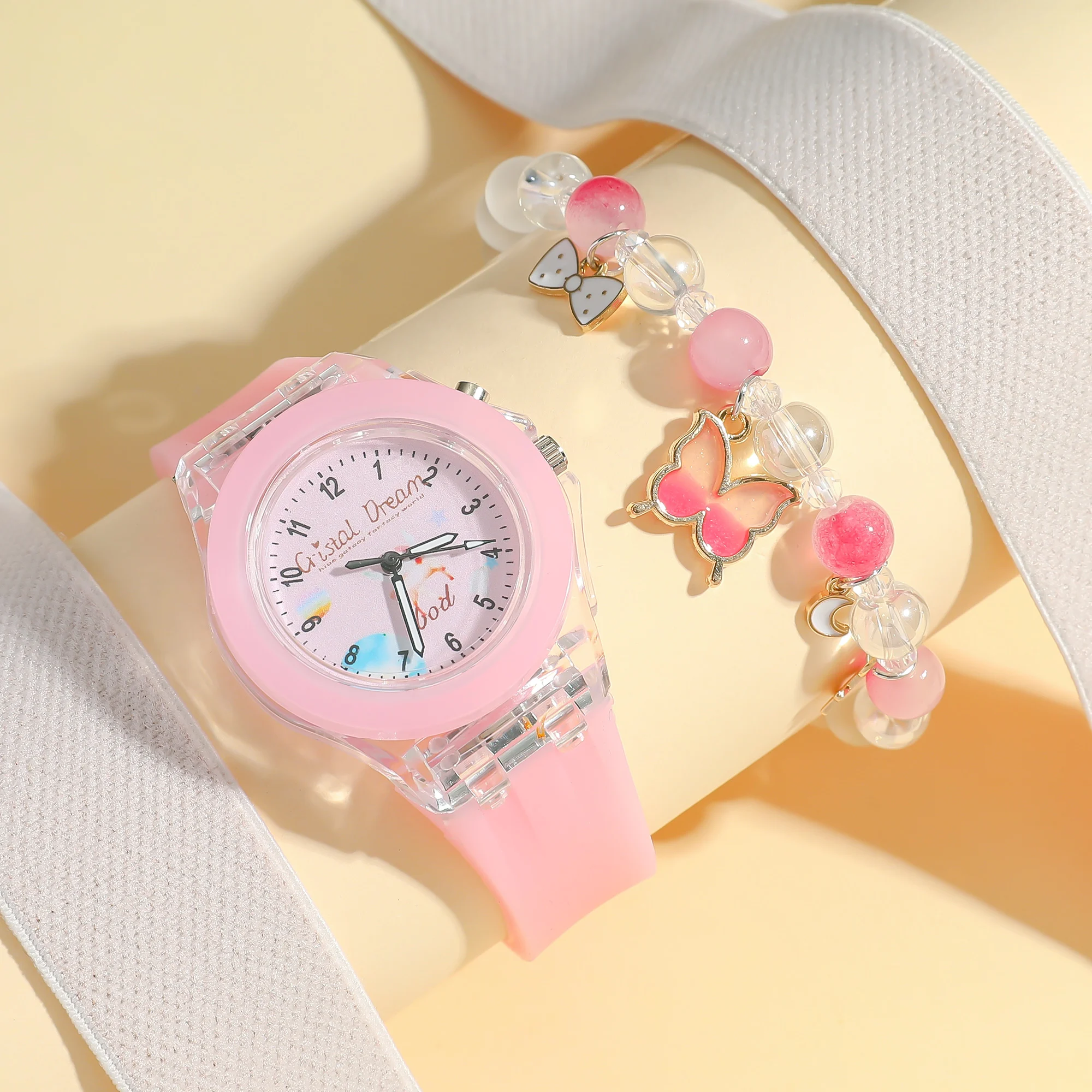 Fashion Butterfly Silicone Luminous Watch + Butterfly Beaded Bracelet