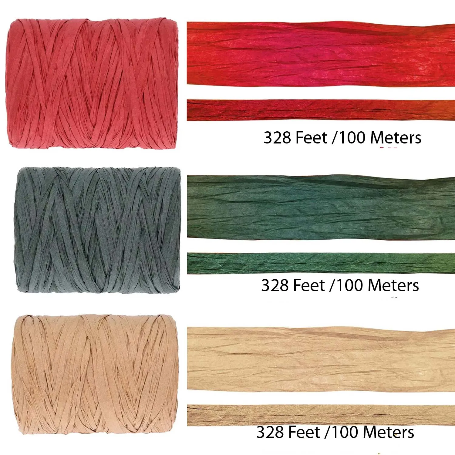 Raffia Ribbon Red Green Natural 3 Rolls 984 Feet, 328 Feet Each Roll, Paper Twine Wrapping Ribbon for Party Holiday DIY Decor