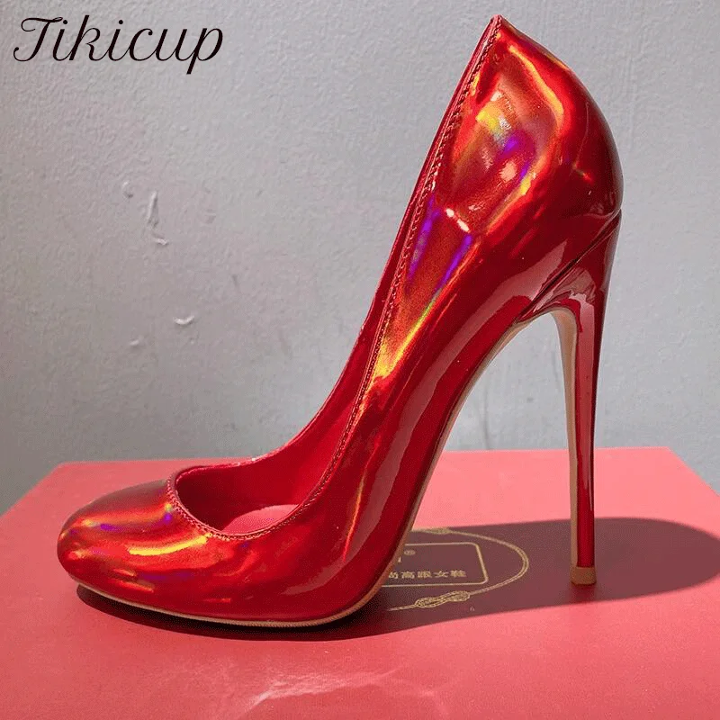 

Tikicup Shiny Laser All Red Women Round Toe High Heel Shoes Wedding Party Slip On Bridal Stiletto Pumps 10cm 12cm Size 33-46